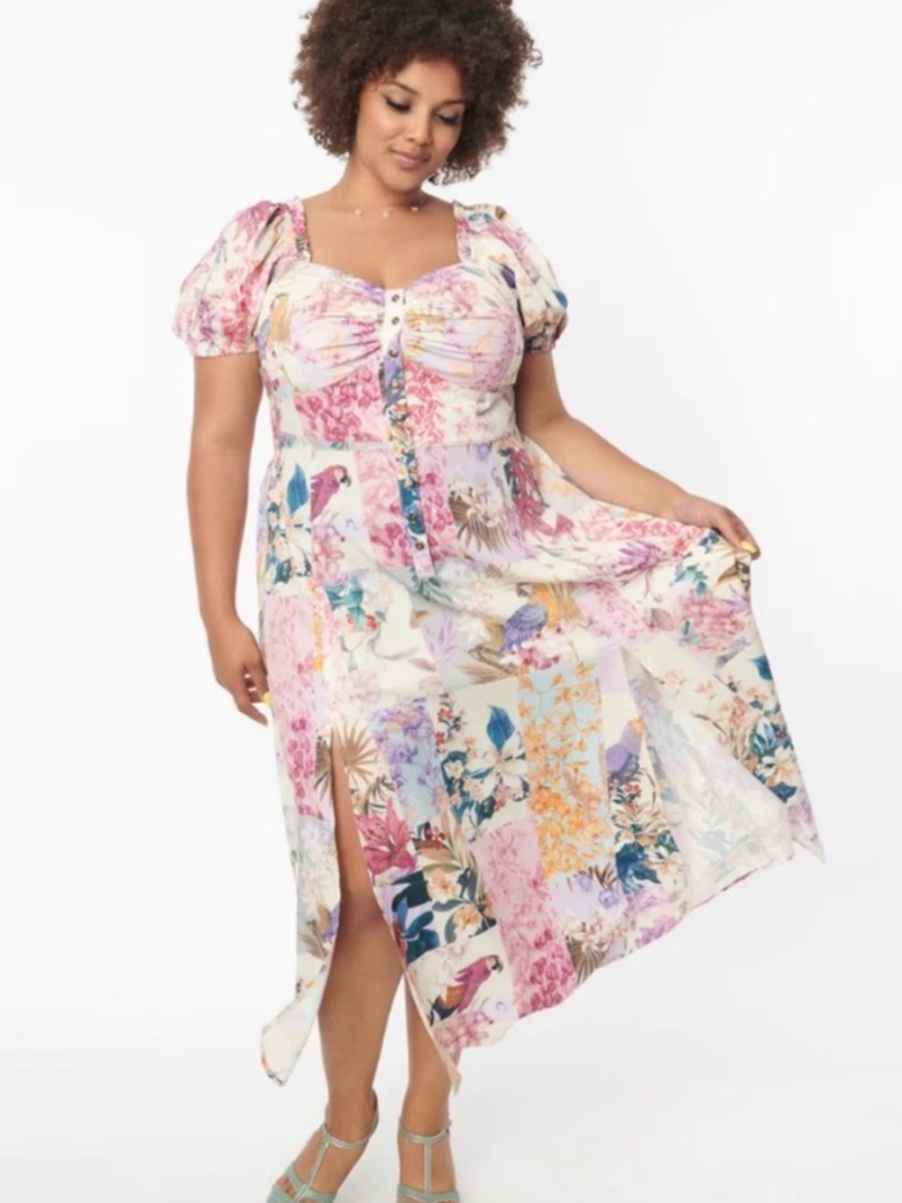 Unique Vintage Floral and Bird Print Maxi Dress NWOT 3X 20 Off Shoulder